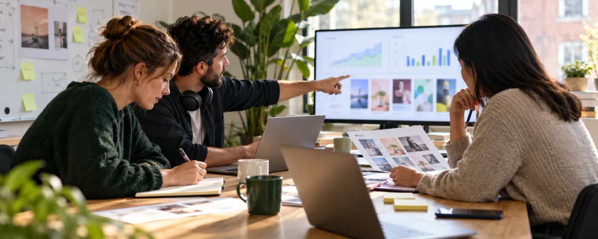 Three marketers around a shared table review ad creative and campaign charts on a large monitor