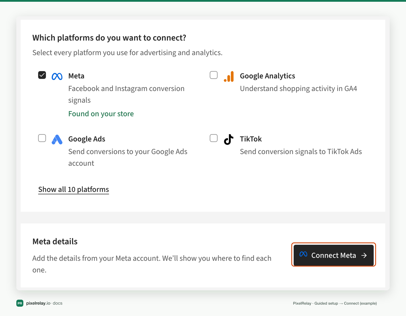 PixelRelay Connect step with Meta selected and the Connect Meta button highlighted