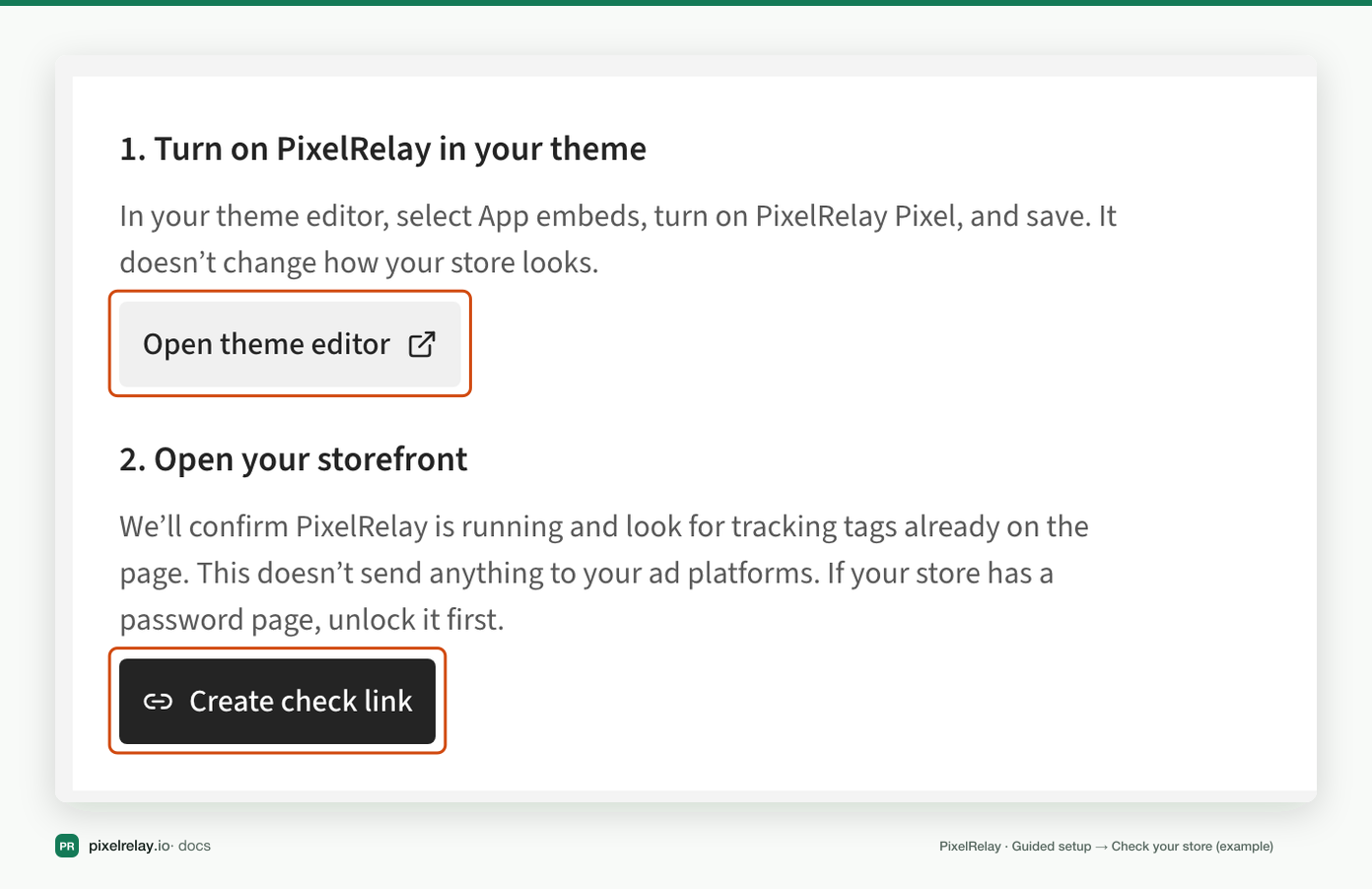 PixelRelay Check your store step with Open theme editor and Create check link highlighted