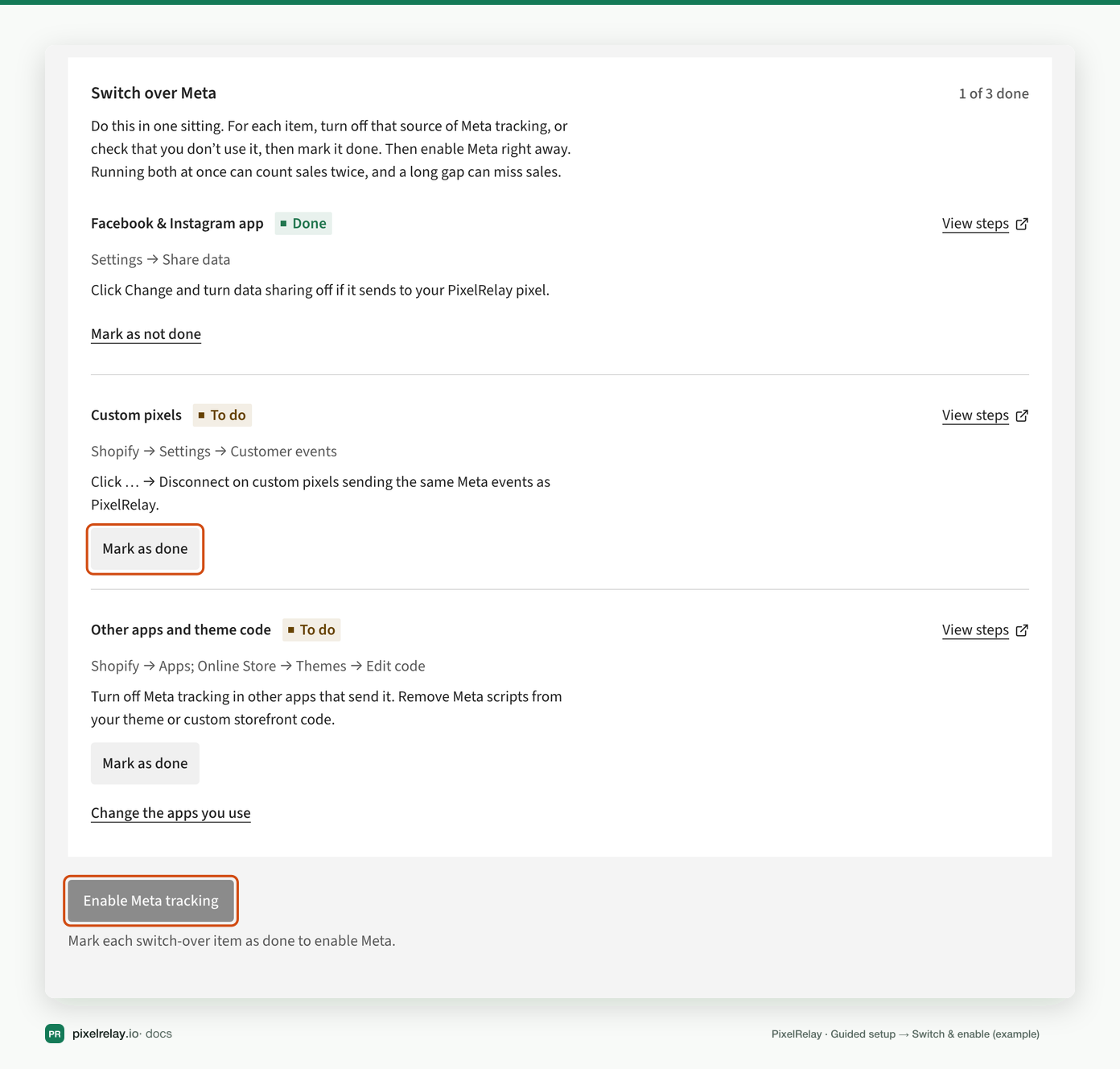 PixelRelay Switch over Meta checklist with Mark as done and Enable Meta tracking highlighted