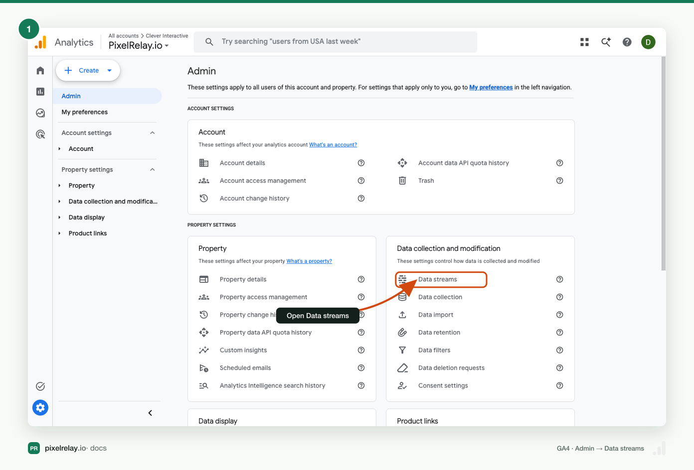 GA4 Admin panel with Data streams highlighted