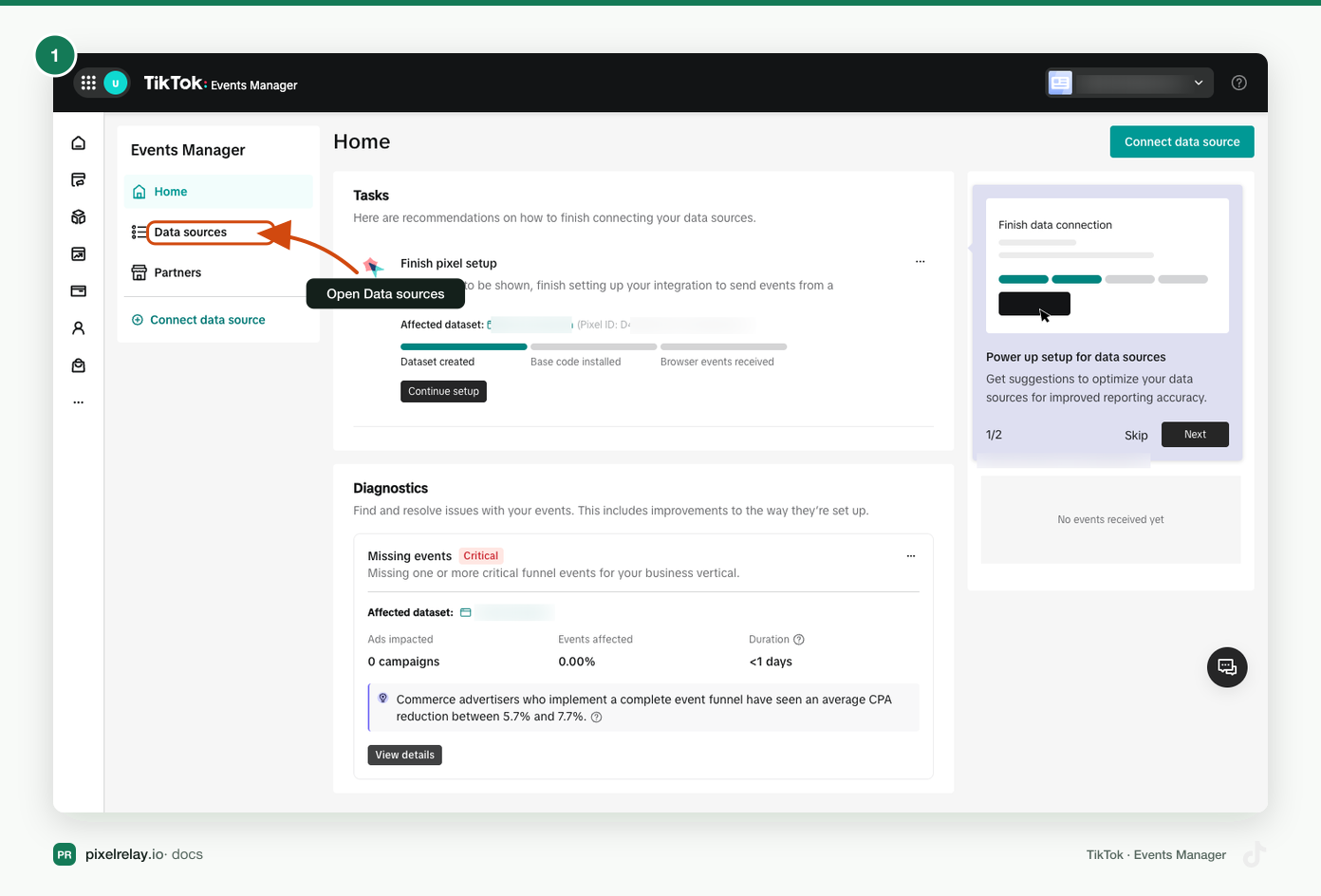 TikTok Events Manager home with Data sources highlighted