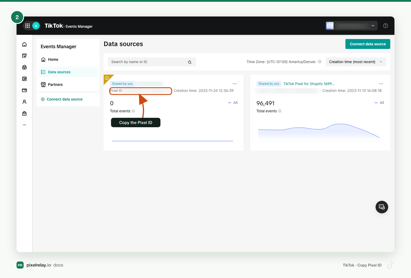 TikTok Events Manager Data sources with the Pixel ID highlighted